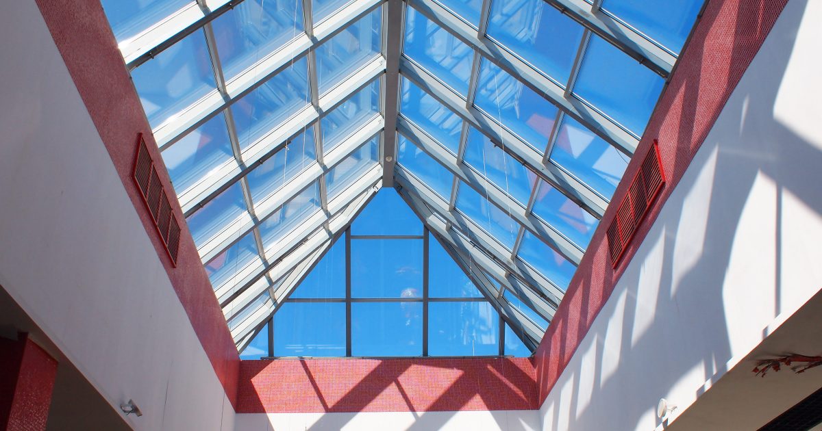 Upward view on the triangular glass roof