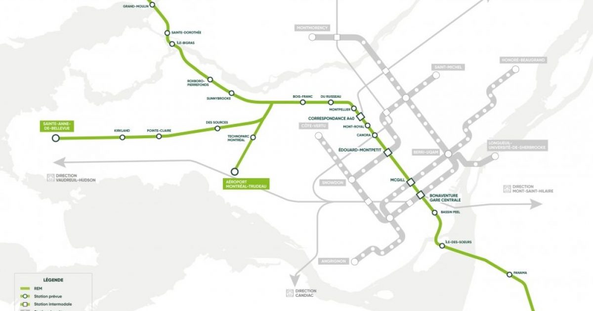 En vert, le tracé du REM. Un pan complet du réseau de transport collectif privatisé.