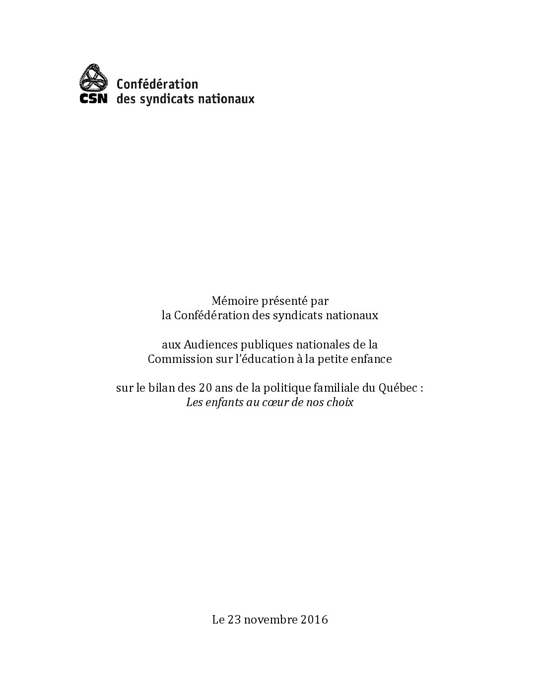 Mémoire sur le bilan des 20 ans de la politique familiale du Québec