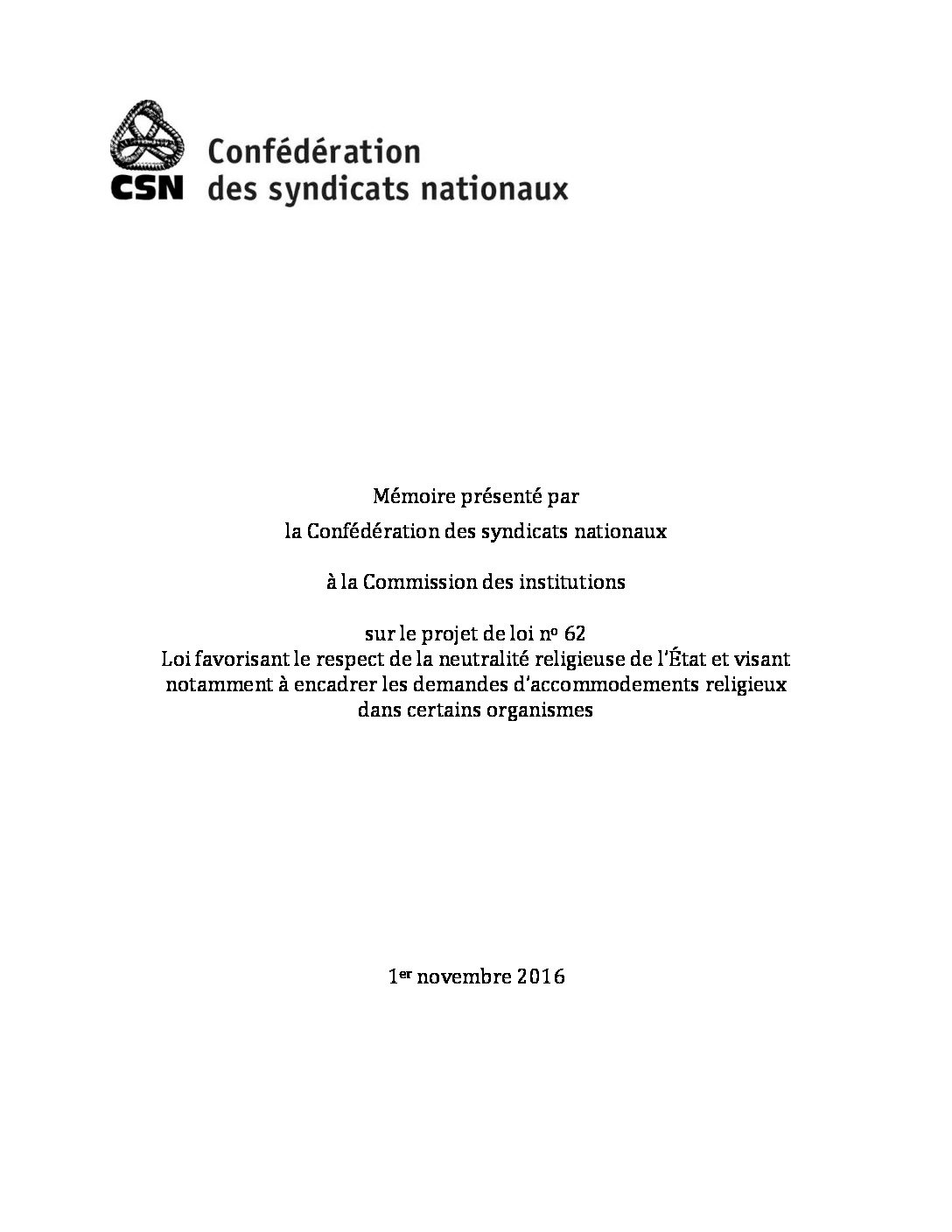 Mémoire sur le projet de loi 62