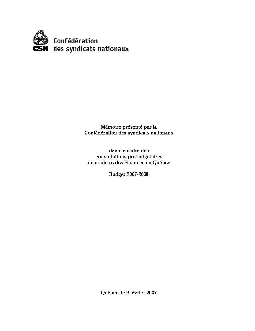 Mémoire prébudgétaires du mQuébec Budget 2007-2008