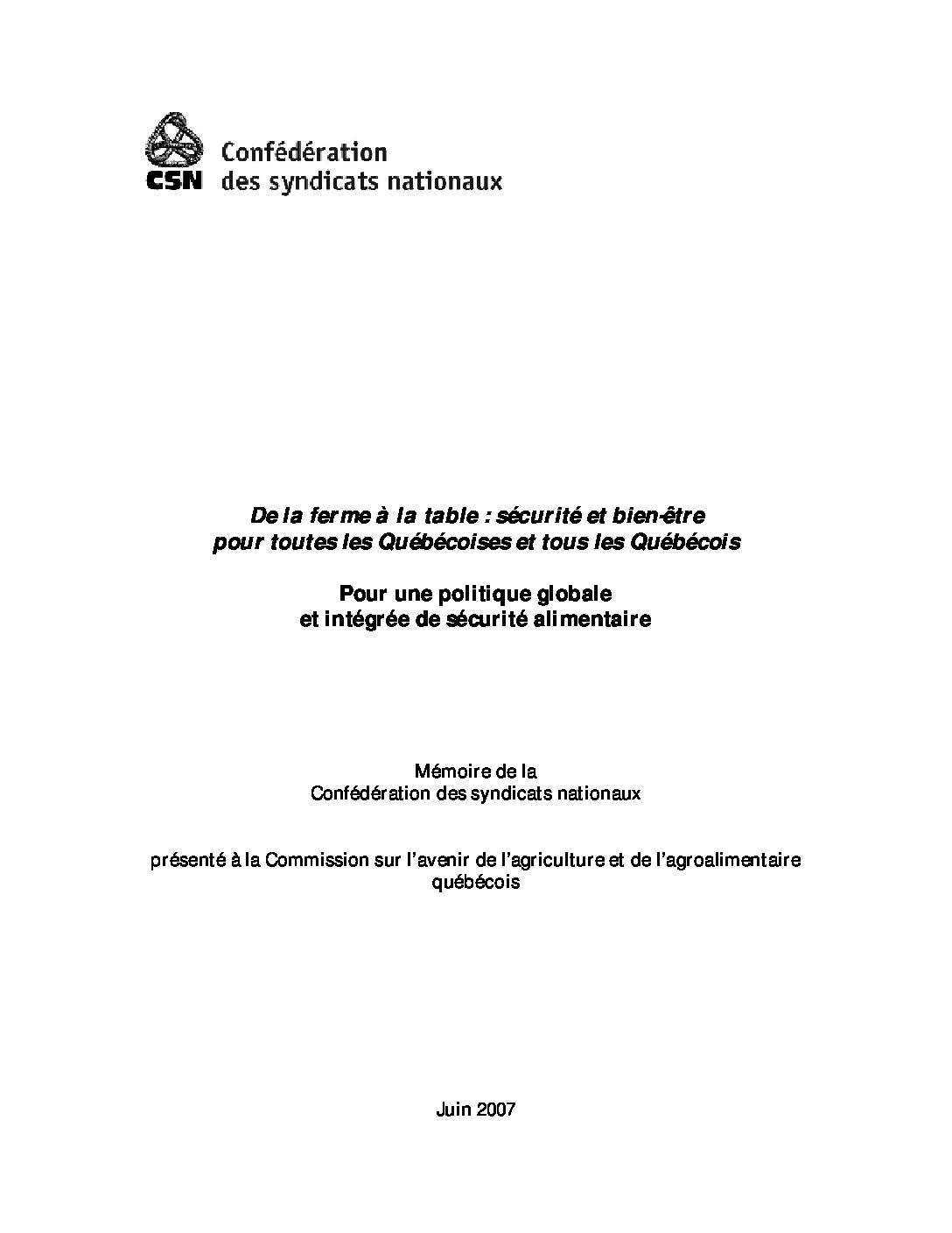 Mémoire sur l’avenir de l’agriculture et de l’agroalimentaire québécois