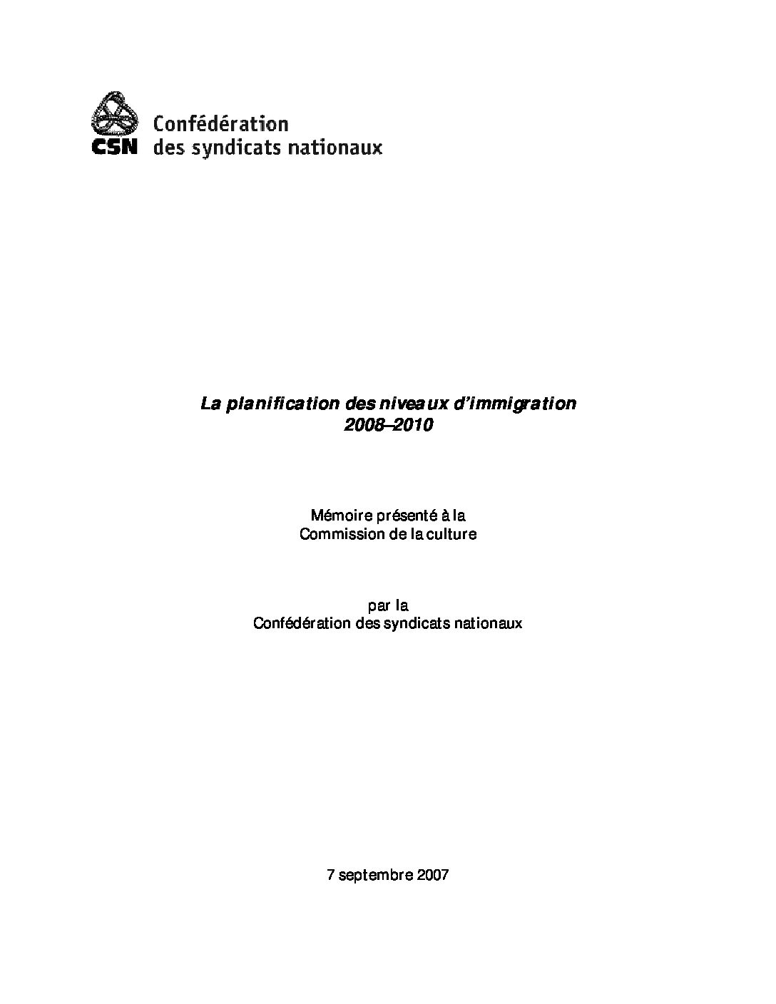 Mémoire sur la planification des niveaux d’immigration 2008–2010