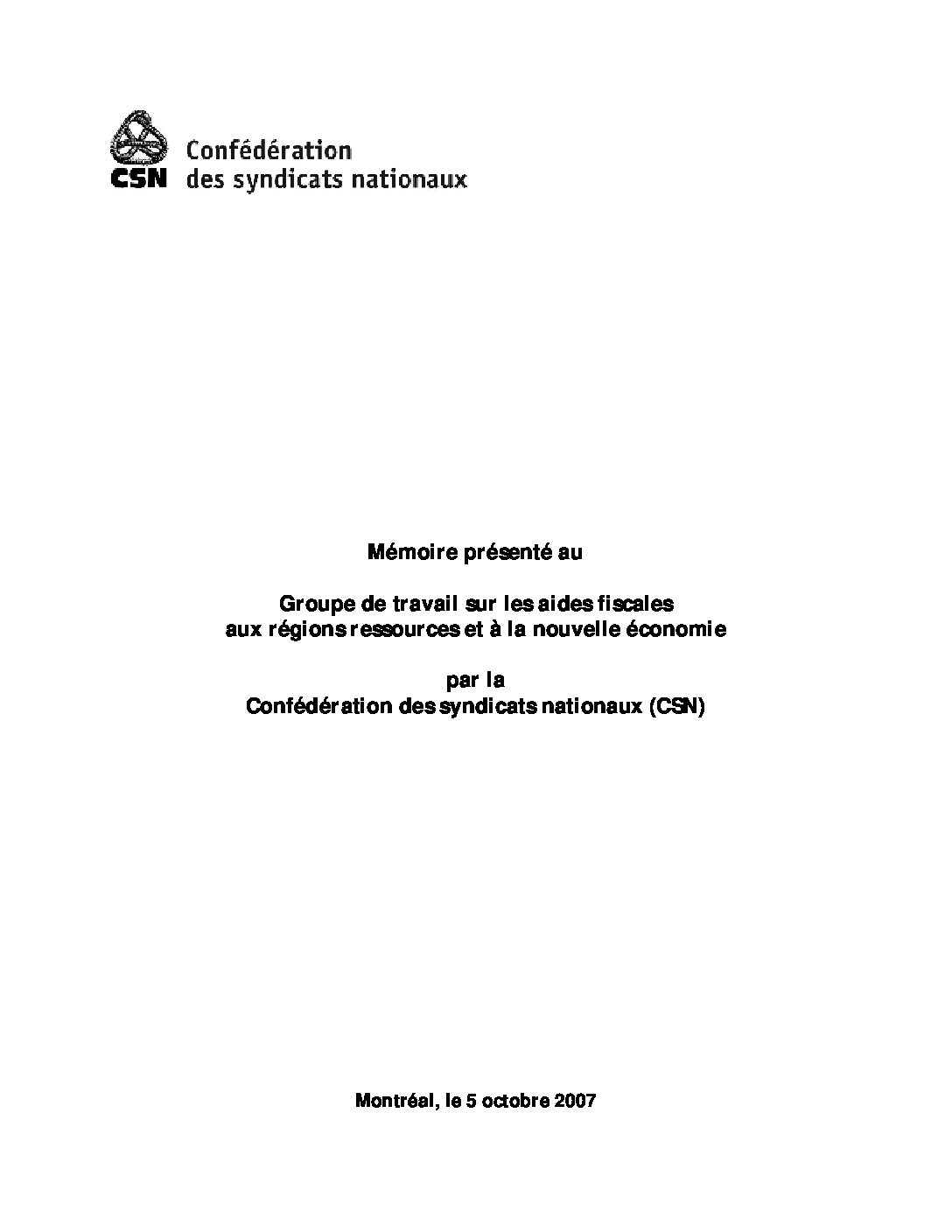 Mémoire sur les aides fiscales aux régions ressources et à la nouvelle économie