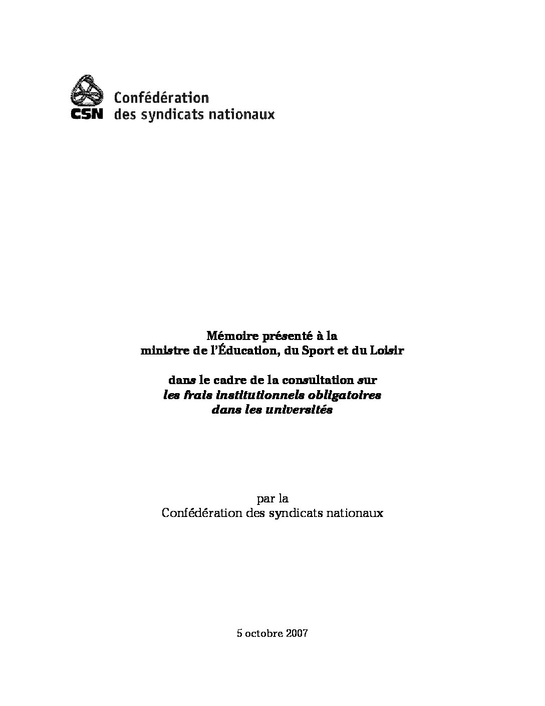 Mémoire sur les frais institutionnels obligatoires dans les universités