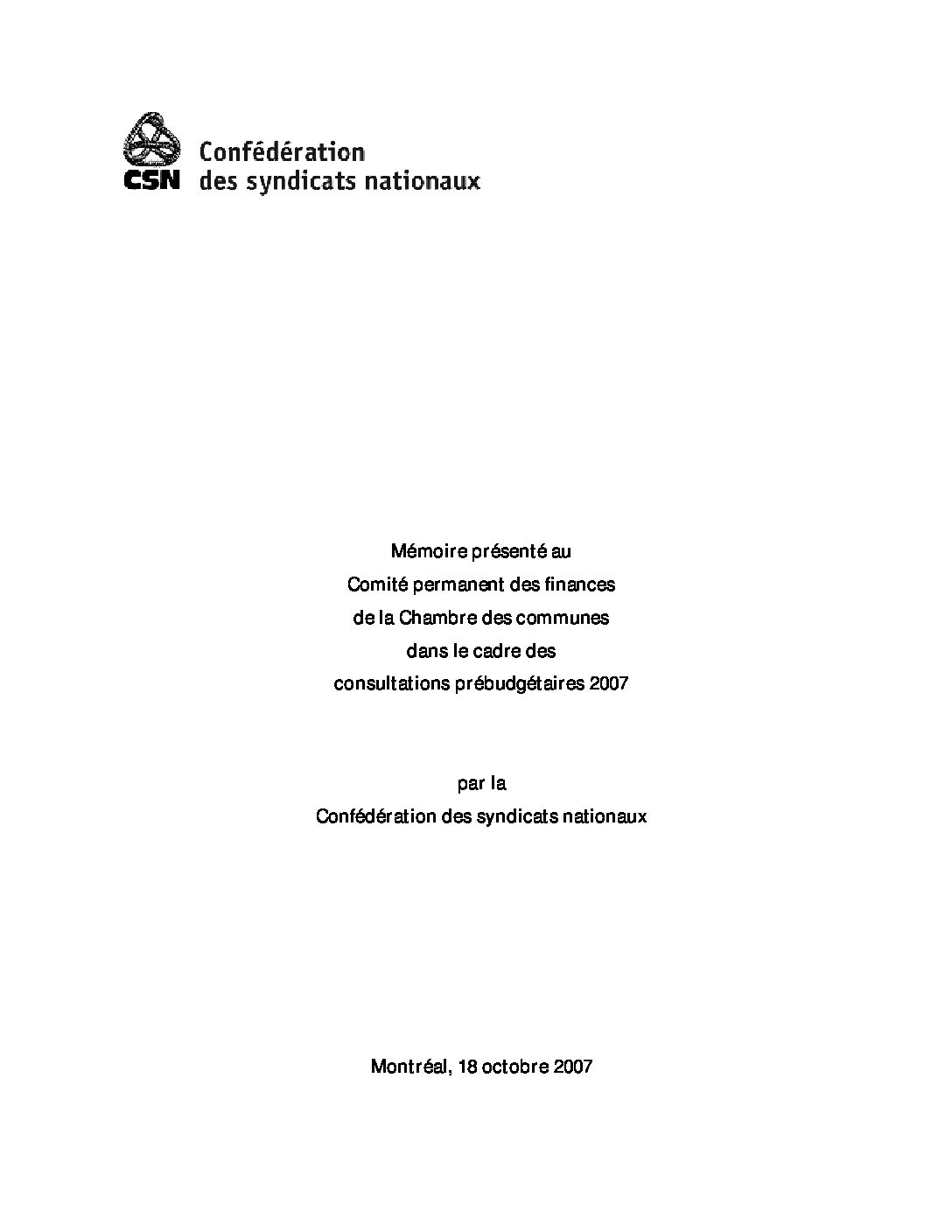 Mémoire prébudgétaire fédéral 2007
