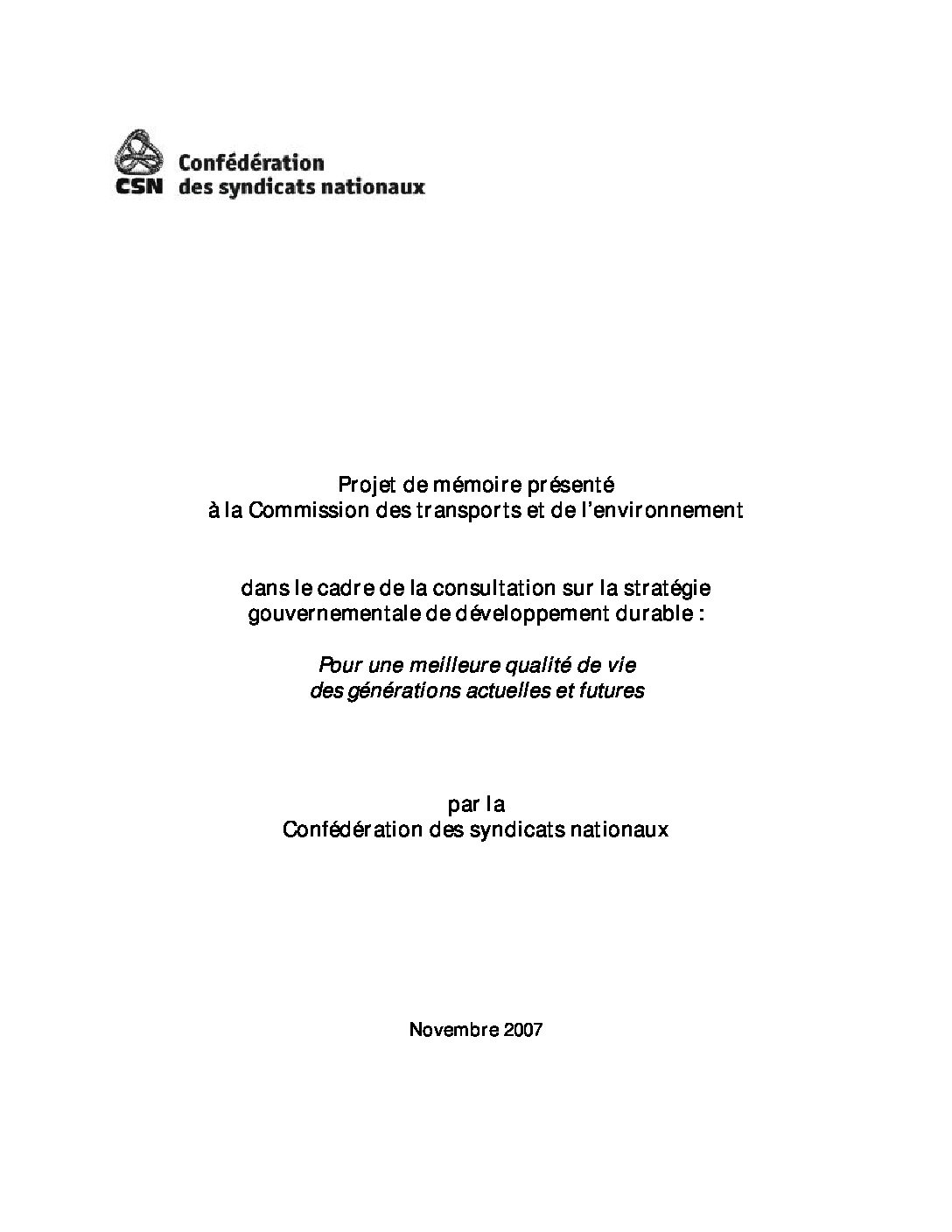 Projet sur la stratégie gouvernementale de développement durable