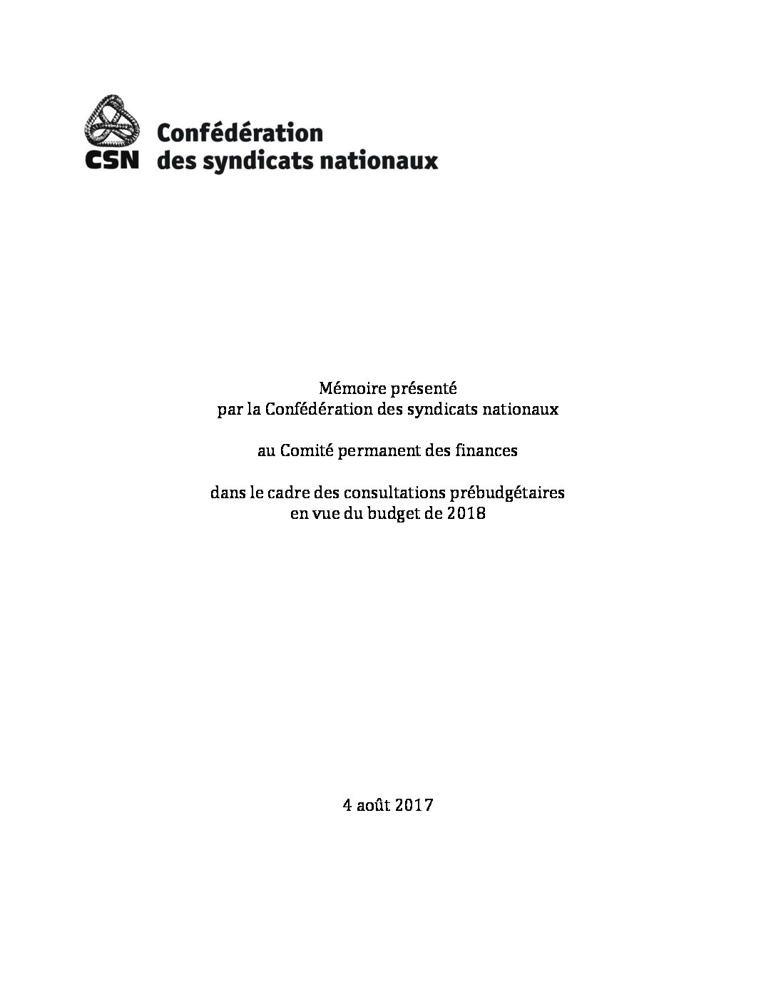 Mémoire dans le cadre des consultations prébudgétaires en vue du budget fédéral de 2018