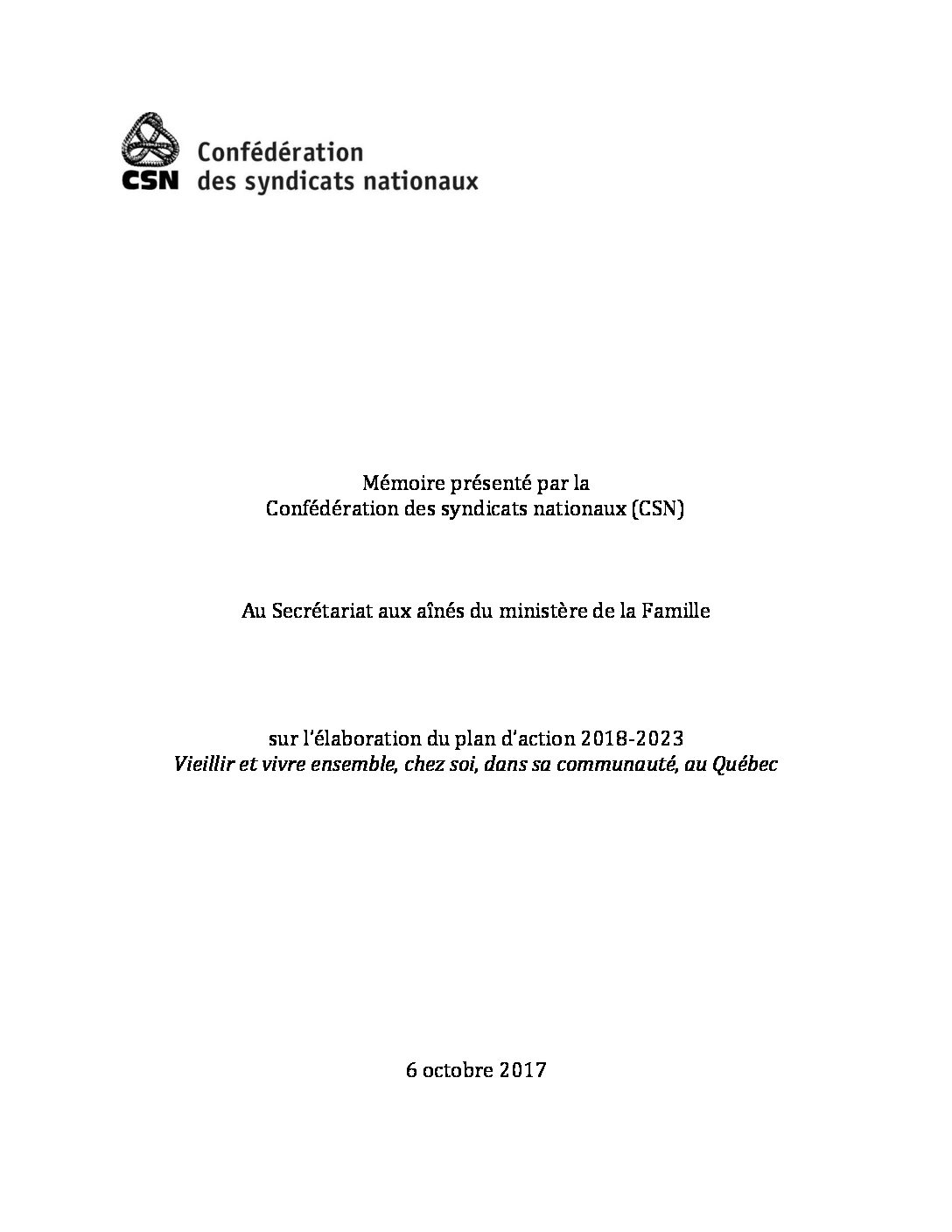 Mémoire sur le plan d’action 2018-2023 du Secrétariat aux aînés