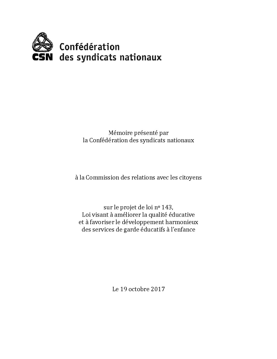 Mémoire sur le projet de loi 143