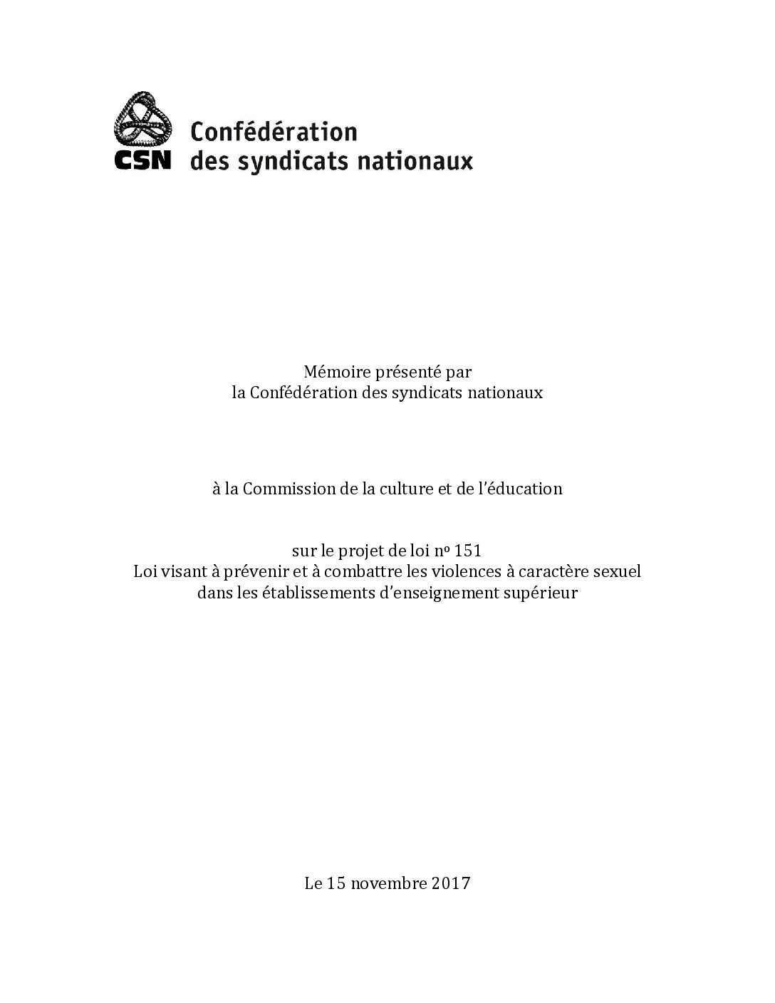 Mémoire sur le projet de loi 151