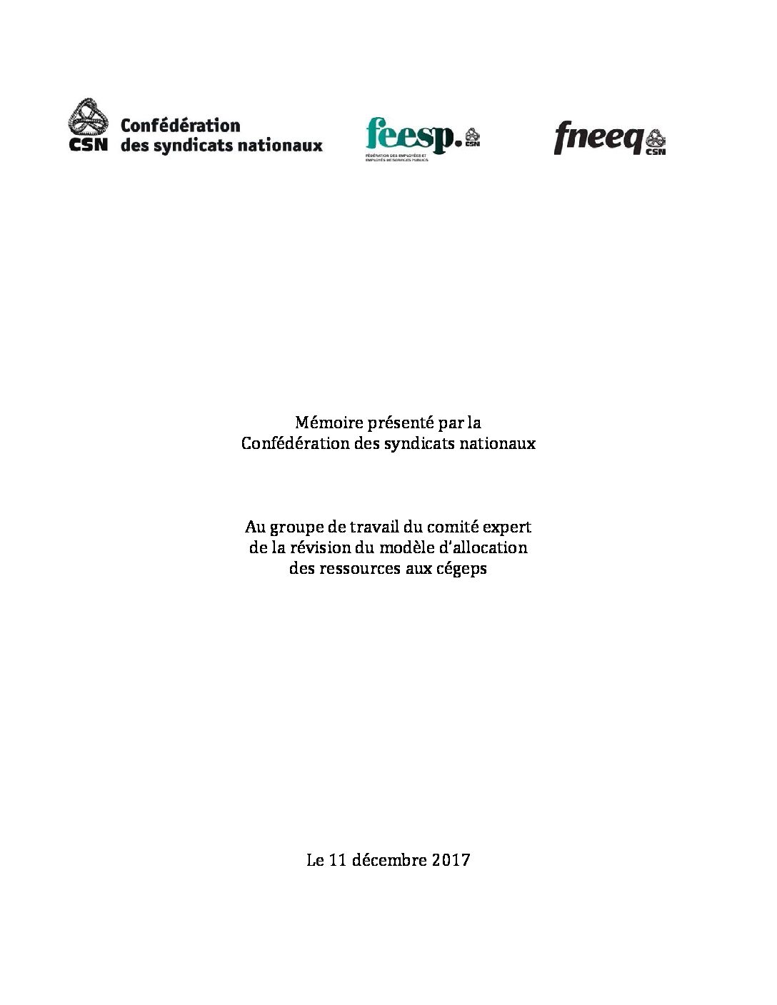 Mémoire sur la révision du modèle d’allocation des ressources aux cégeps