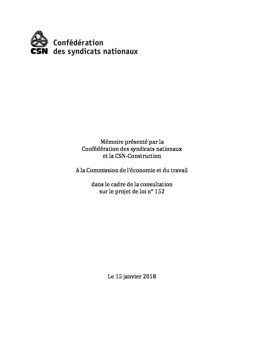 Mémoire sur le projet de loi 152