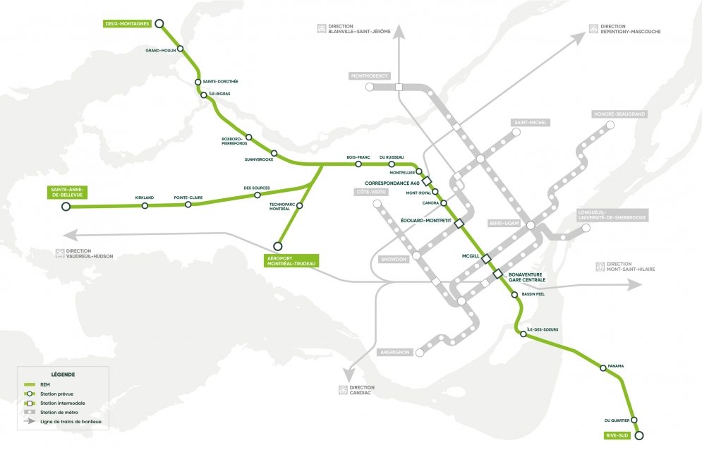 En vert, le tracé du REM. Un pan complet du réseau de transport collectif privatisé.