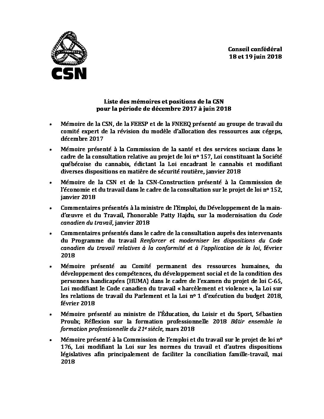 Liste des mémoires et positions de la CSN pour la période de décembre 2017 à juin 2018