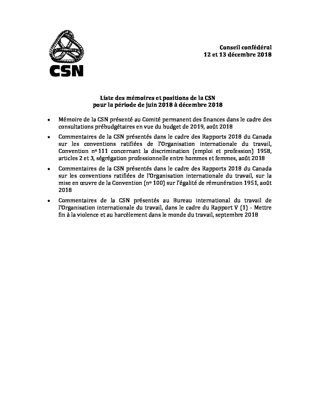 Liste des mémoires et positions de la CSN pour la période de juin 2018 à décembre 2018