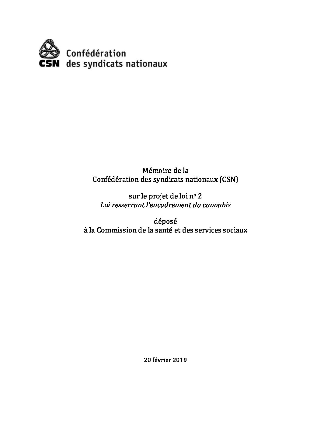 Mémoire sur le projet de loi 2 Loi resserrant l’encadrement du cannabis