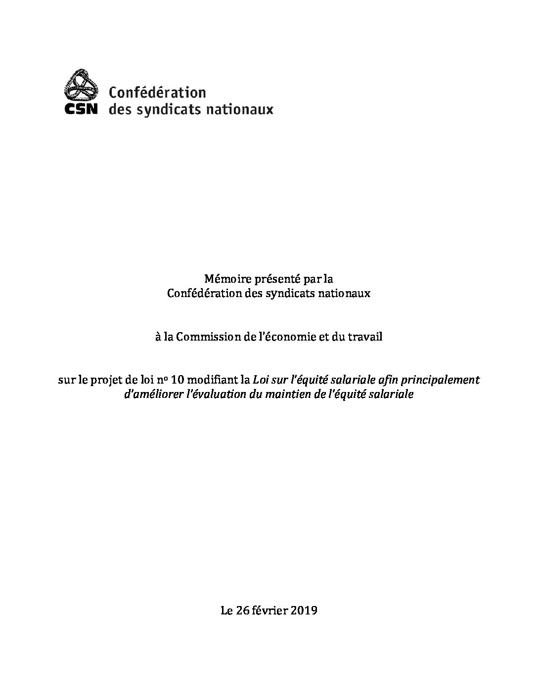 Mémoire sur le projet de loi 10