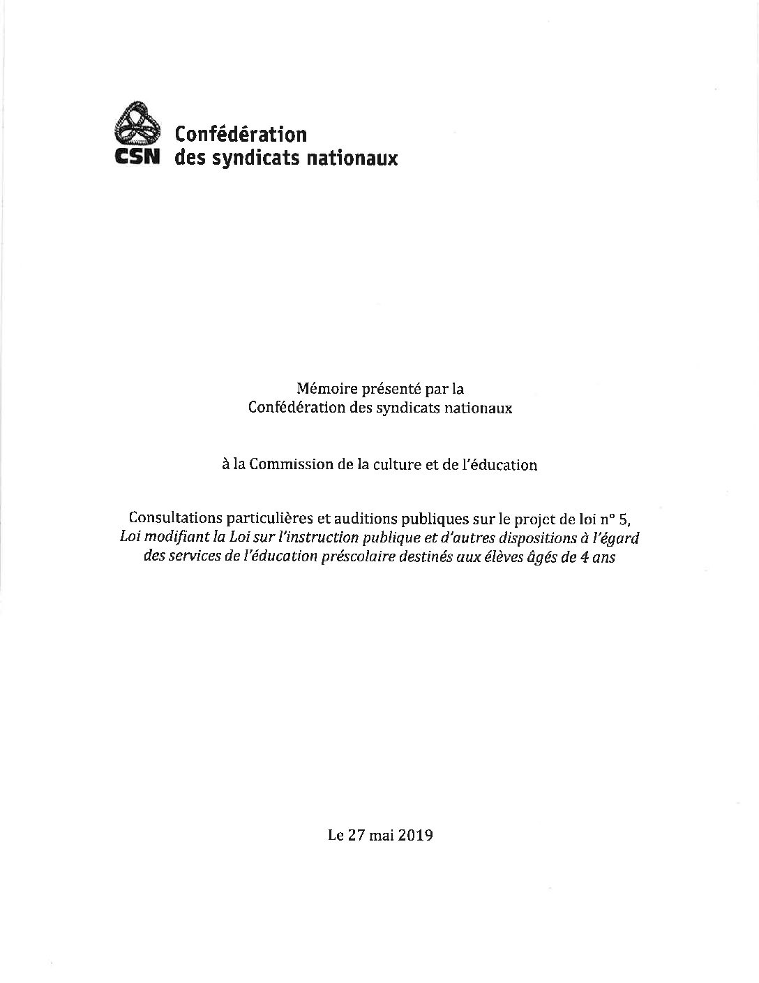 Mémoire sur le projet de loi 5 (Maternelles 4 ans)