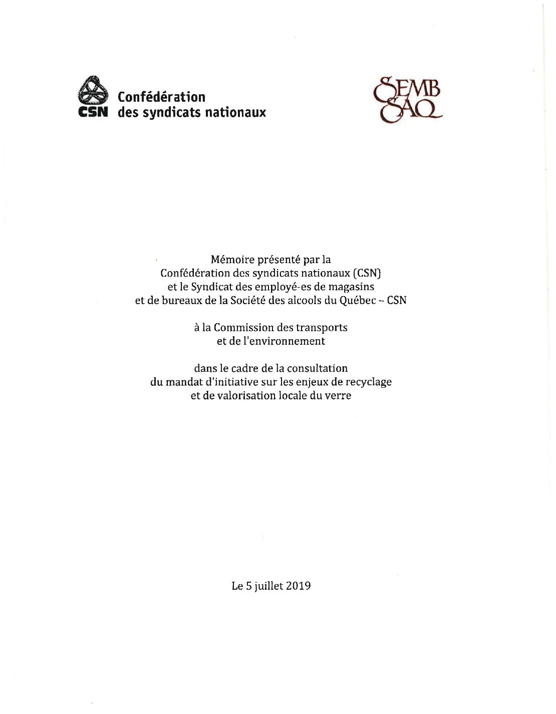 Mémoire présenté dans le cadre de la consultation sur les enjeux de recyclage et de valorisation locale du verre