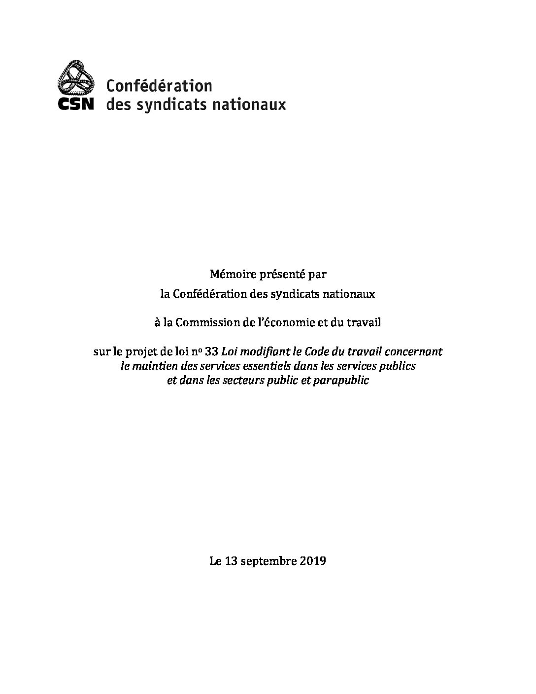 Services essentiels : mémoire de la CSN concernant le projet de loi 33
