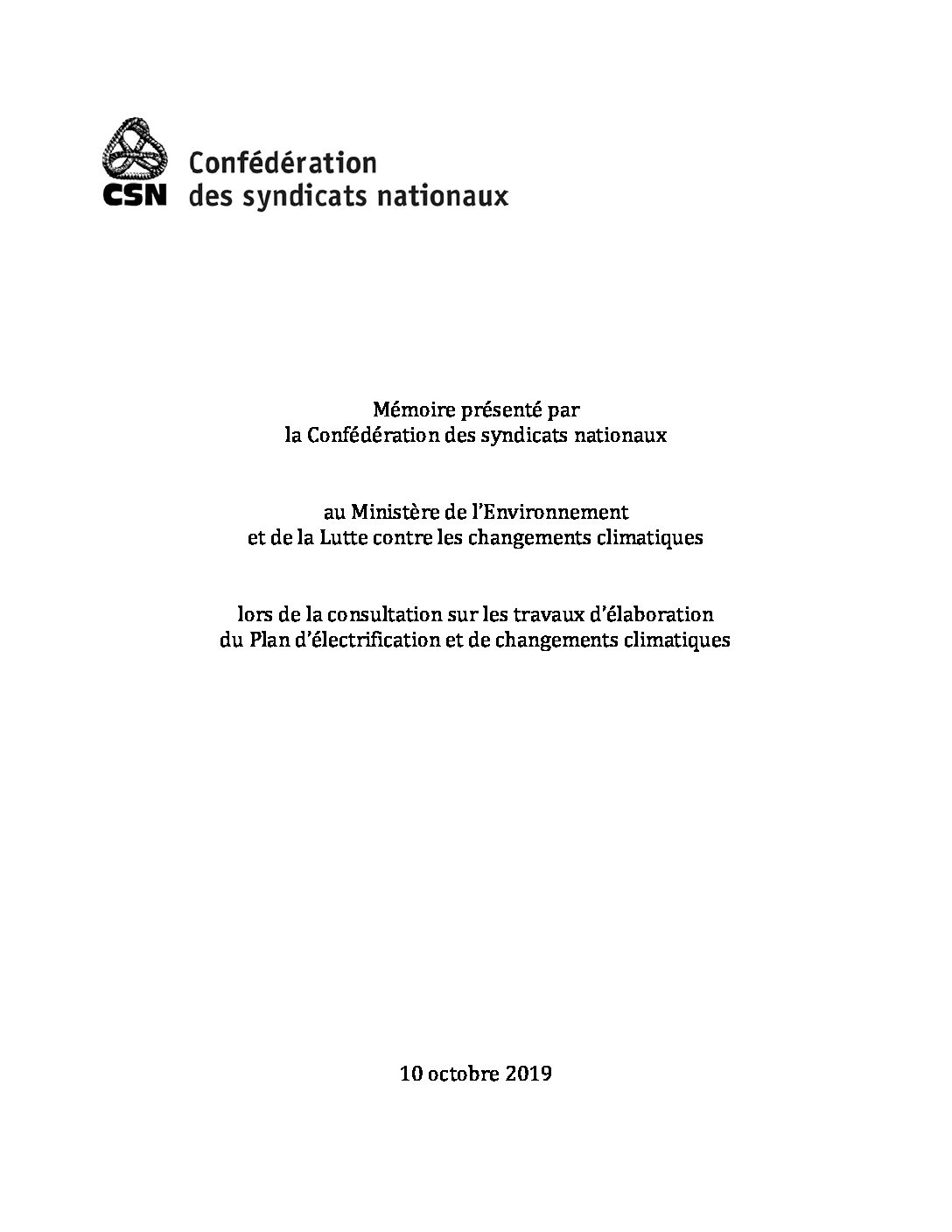 Mémoire présenté dans le cadre de la consultation sur le Plan d'électrification et des changements climiatiques