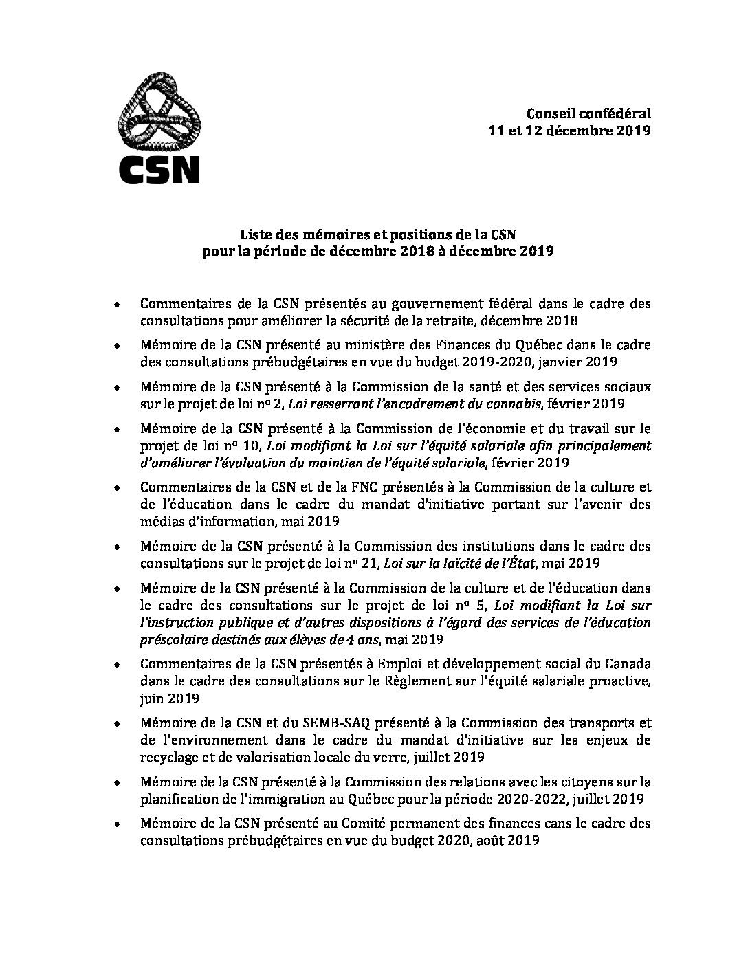 Liste des mémoires et positions de la CSN pour la période de décembre 2018 à décembre 2019