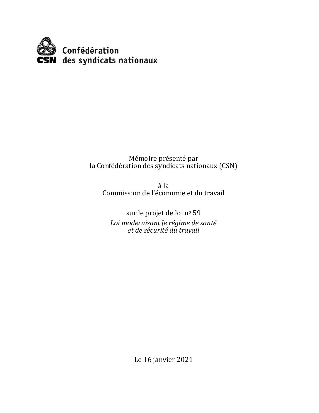 Mémoire sur le projet de loi 59, Loi modernisant le régime de santé et de sécurité du travail