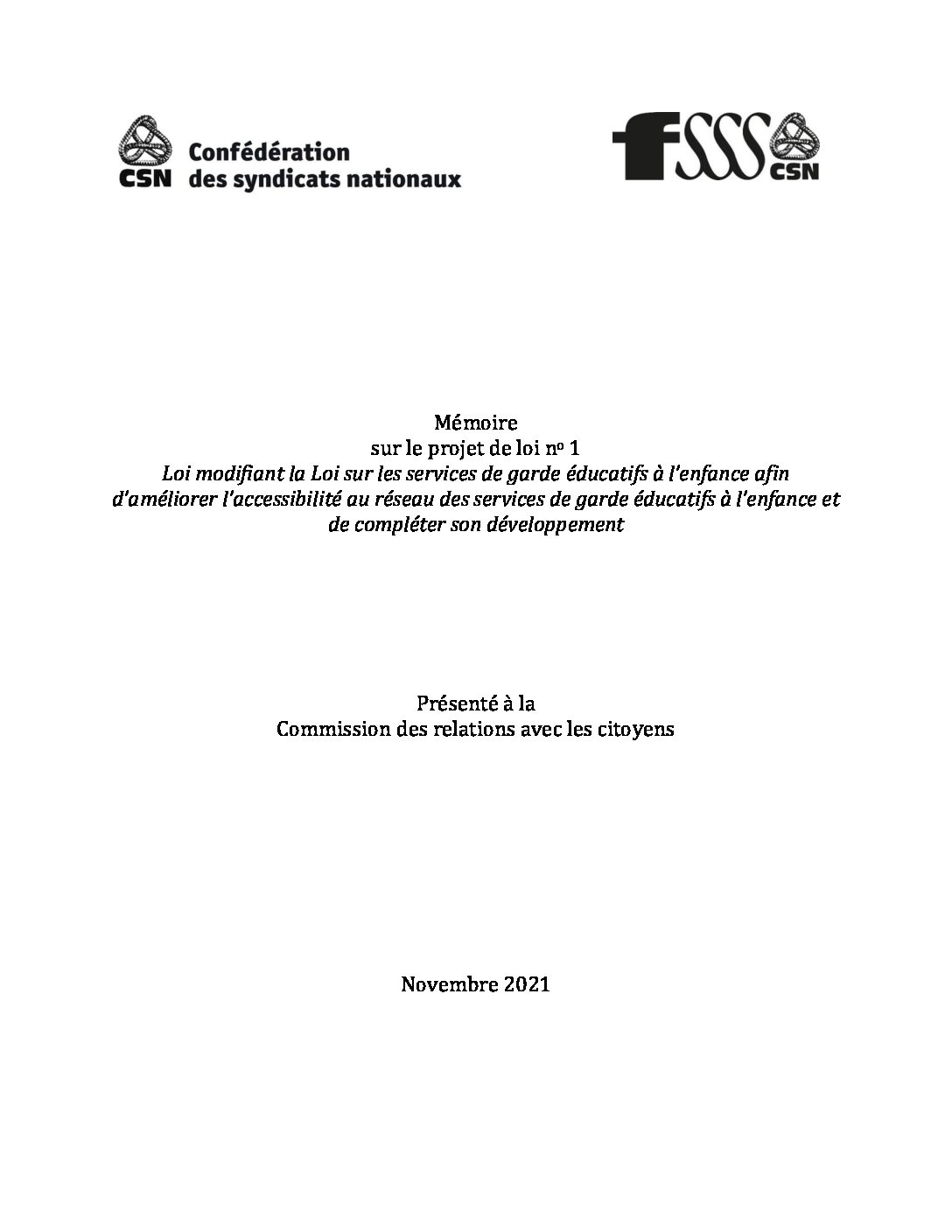 Mémoire sur le projet de loi 1