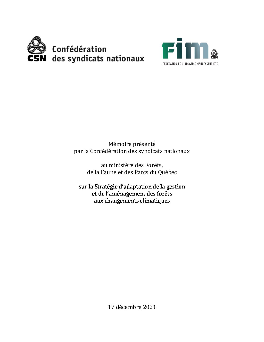 Mémoire sur la Stratégie d’adaptation de la gestion et de l’aménagement des forêts aux changements climatiques