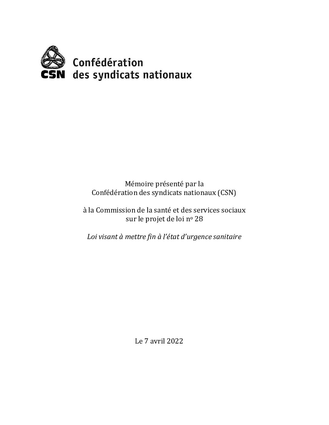 Mémoire sur le projet de loi 28