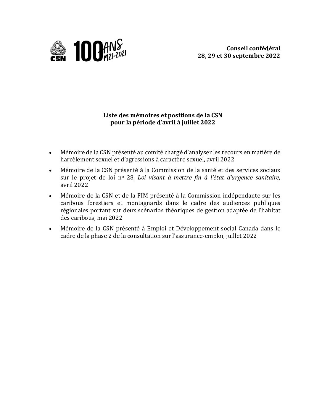 Liste des mémoires et positions de la CSN pour la période d'avril à juillet 2022