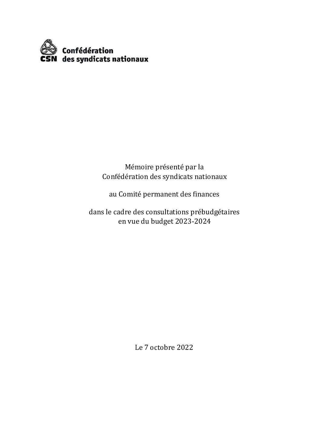 Mémoire dans le cadre des consultations prébudgétaires en vue du budget fédéral 2023-2024