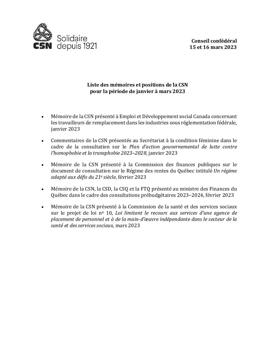 Listes des mémoires et positions de la CSN pour la période de janvier à mars 2023