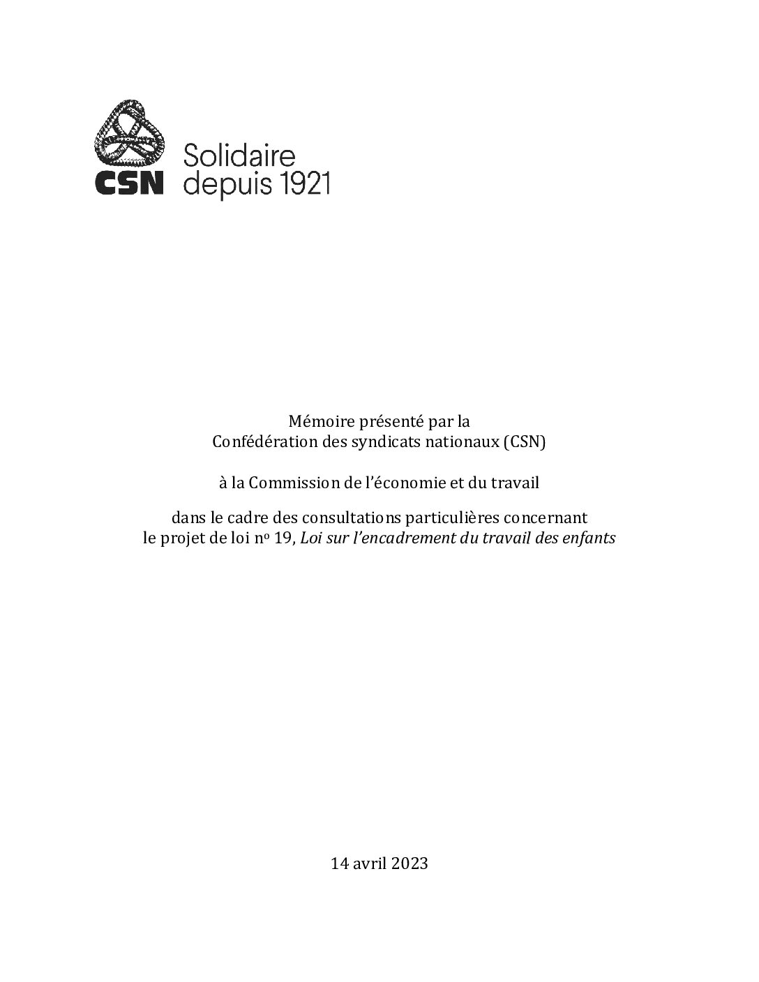 Mémoire sur le projet de loi 19