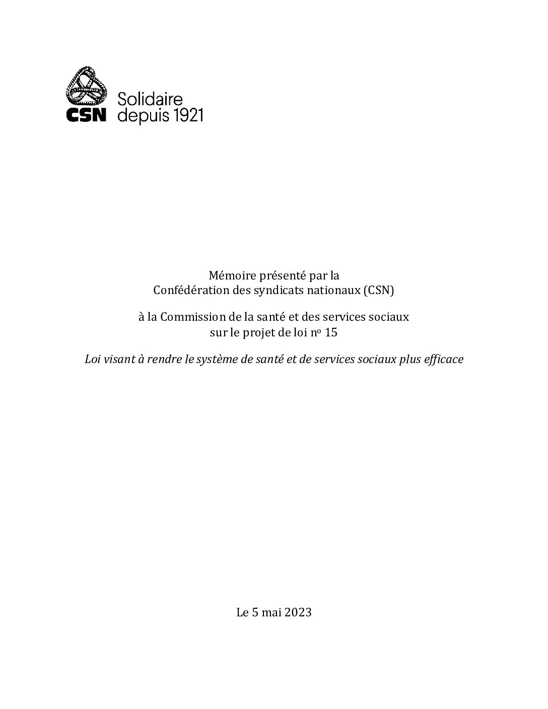 Mémoire sur le projet de loi 15