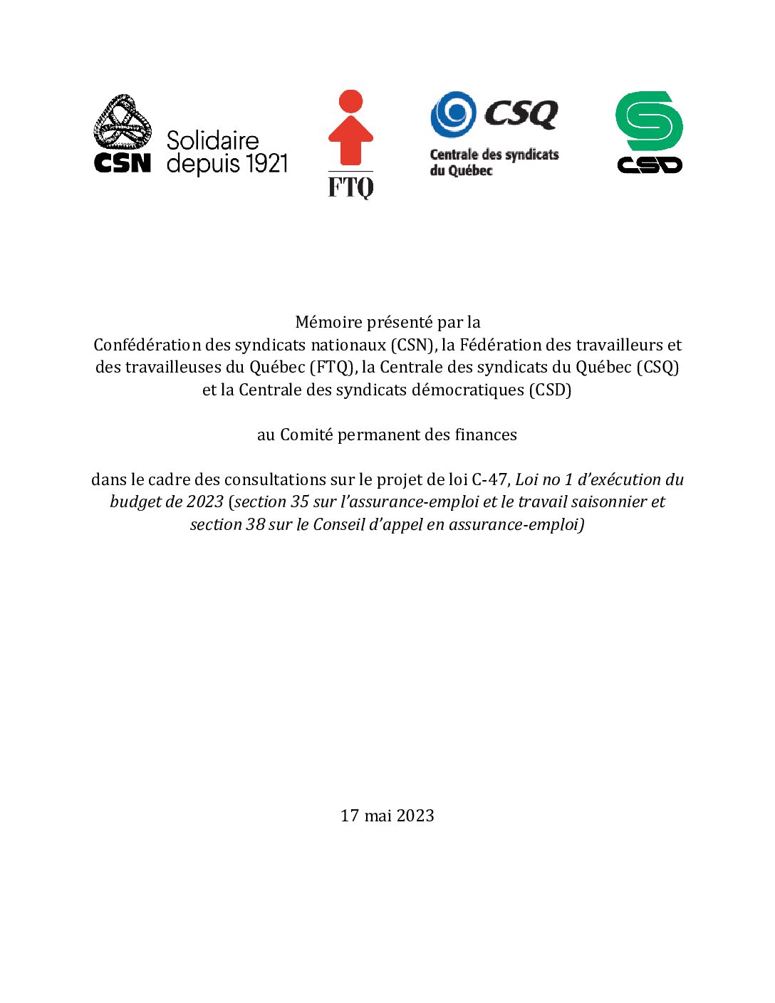 Mémoire intersyndicale sur le projet de loi C47