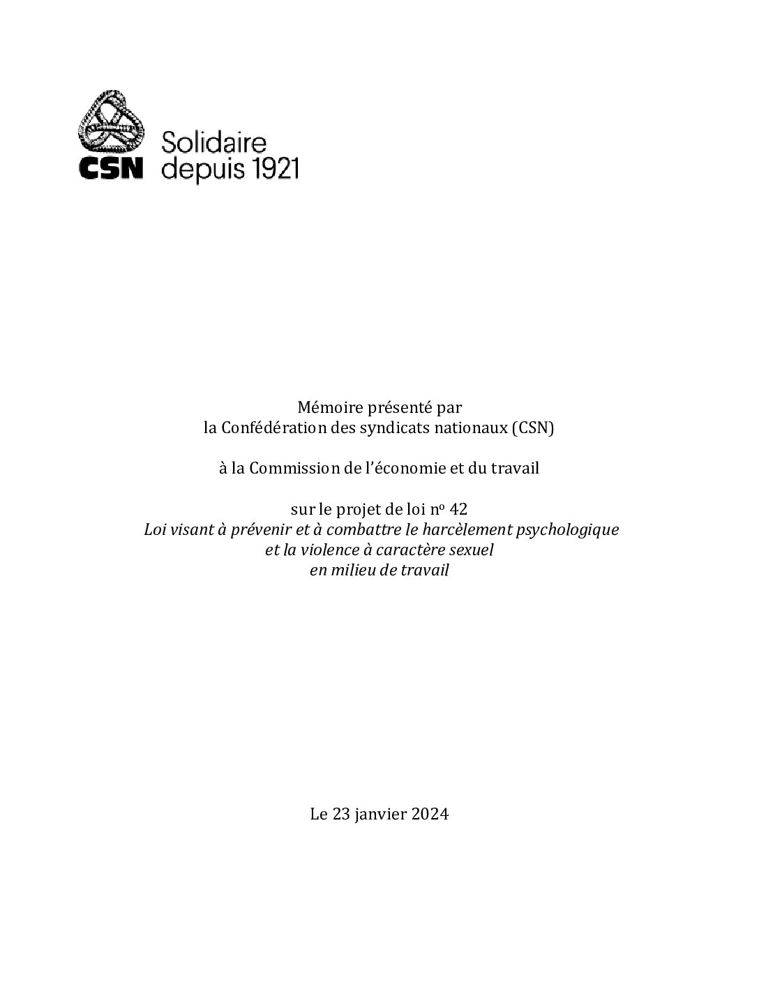 Mémoire sur le projet de loi 42, traitant du harcèlement sexuel au travail