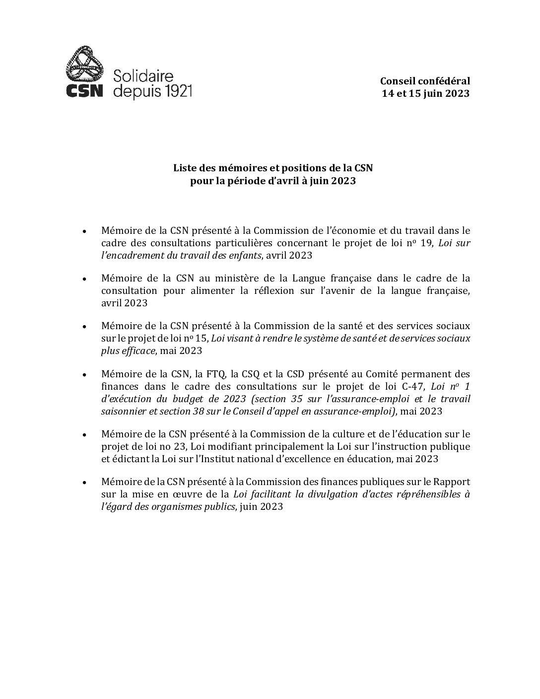 Liste memoires et positions de la CSN - Conseil confédéral - juin 2023