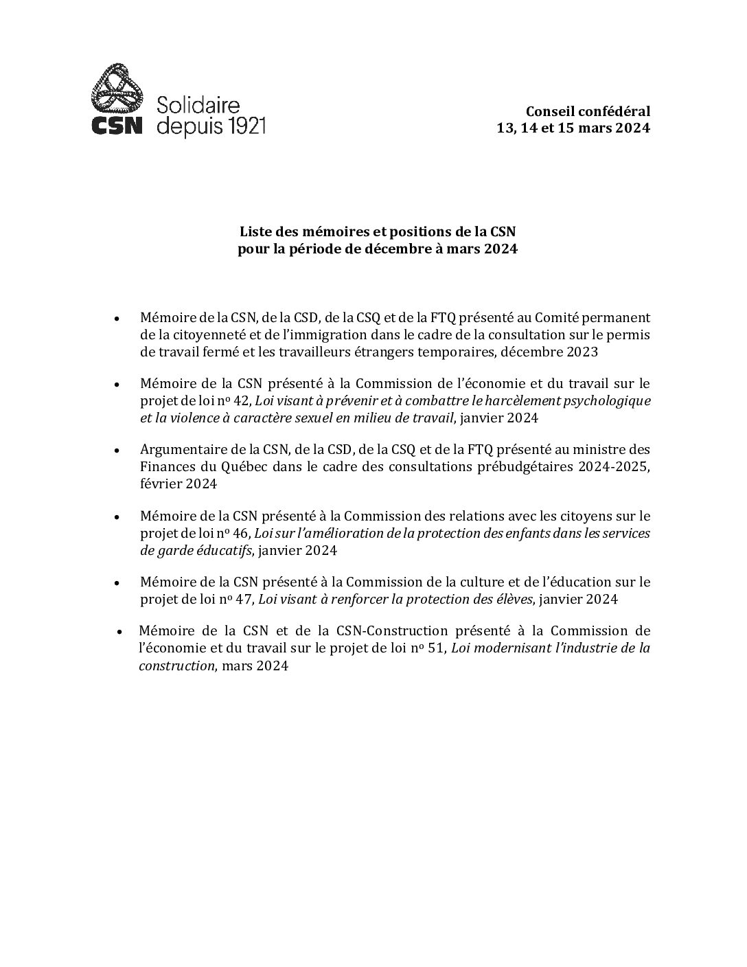 Liste des mémoires et positions de la CSN (mars 2024)