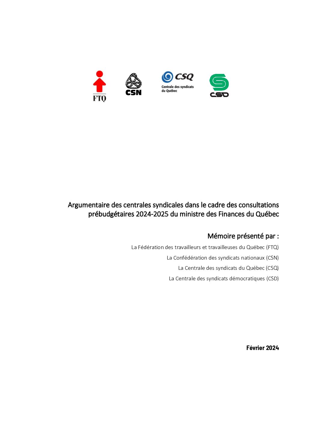 Argumentaire des centrales syndicales dans le cadre des consultations prébudgétaires 2024-2025 du ministre des Finances du Québec