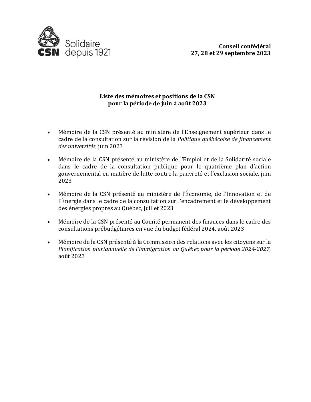 Liste des mémoires et propositions de la CSN pour la période de juin à août 2023