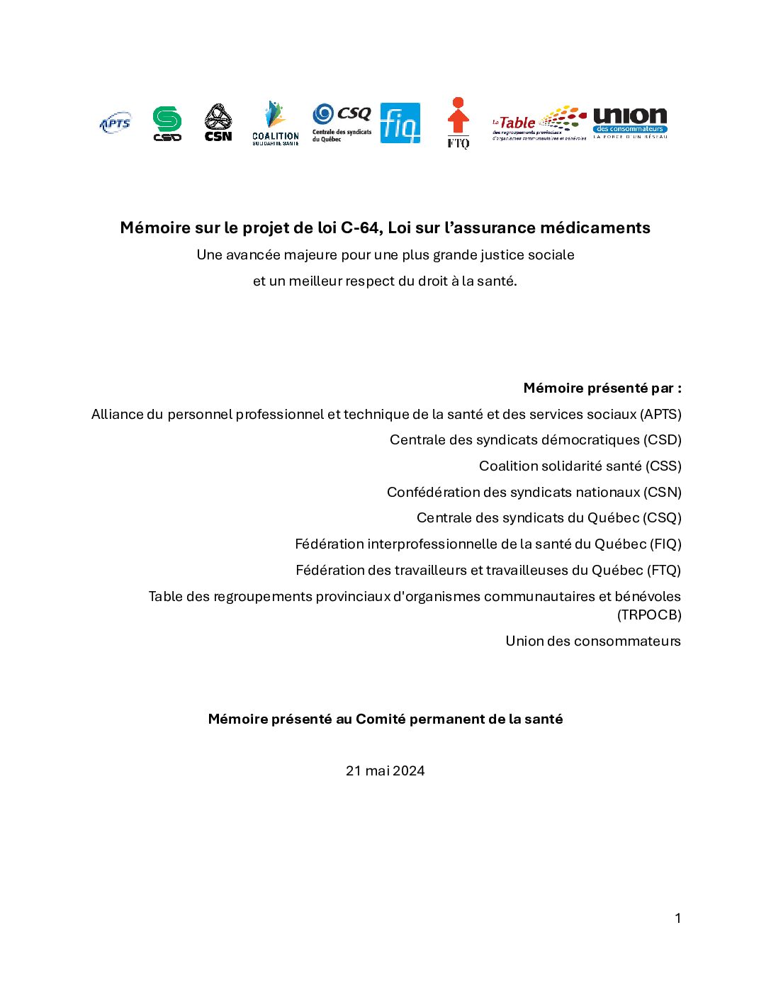 Mémoire sur le projet de loi C-64, Loi sur l'assurance médicaments