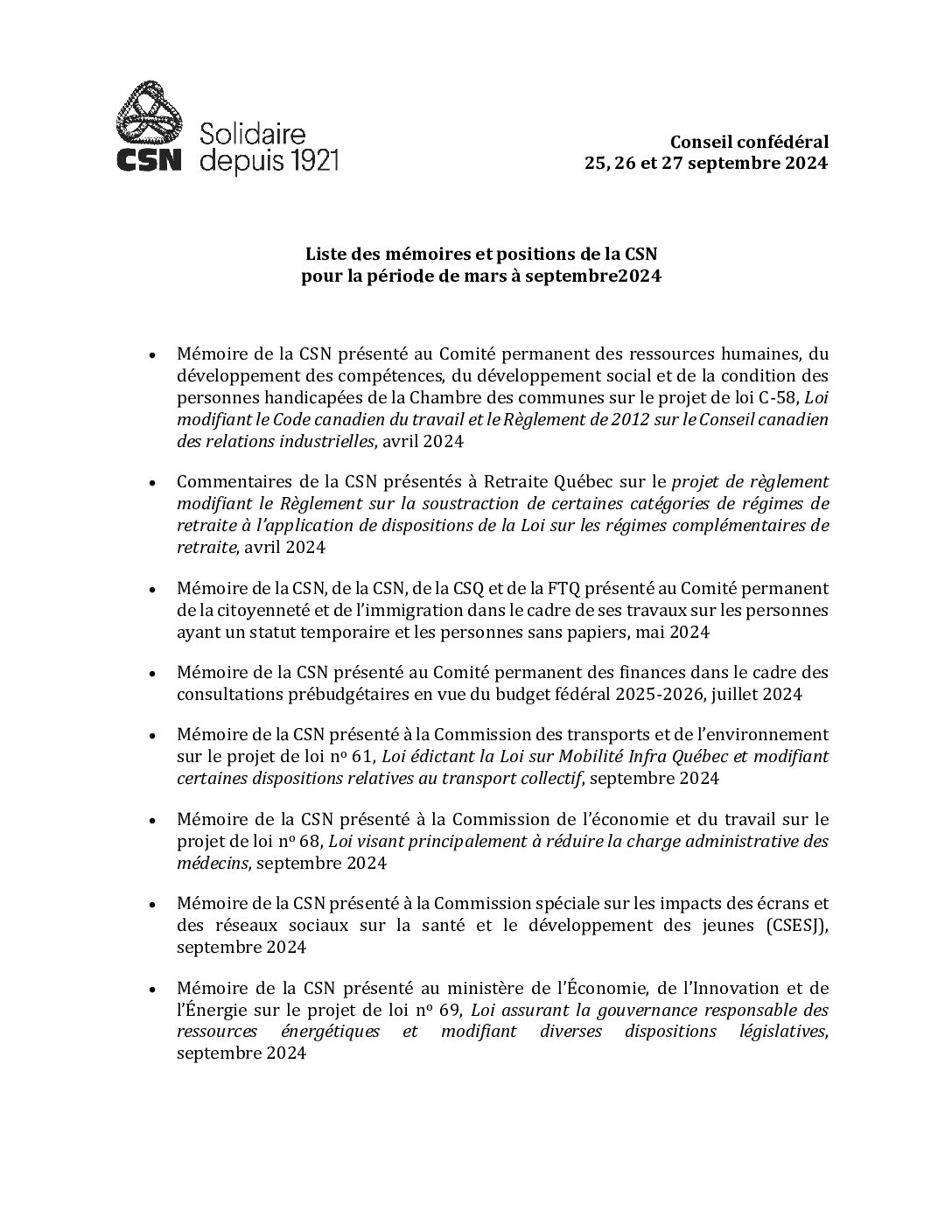 Liste des mémoires et positions de la CSN pour la période de mars à septembre 2024