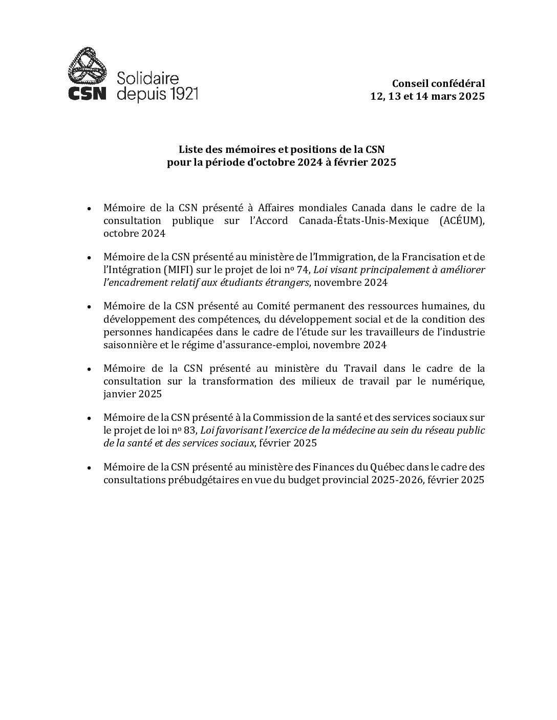 Liste des mémoires et positions de la CSN pour la période d’octobre 2024 à février 2025