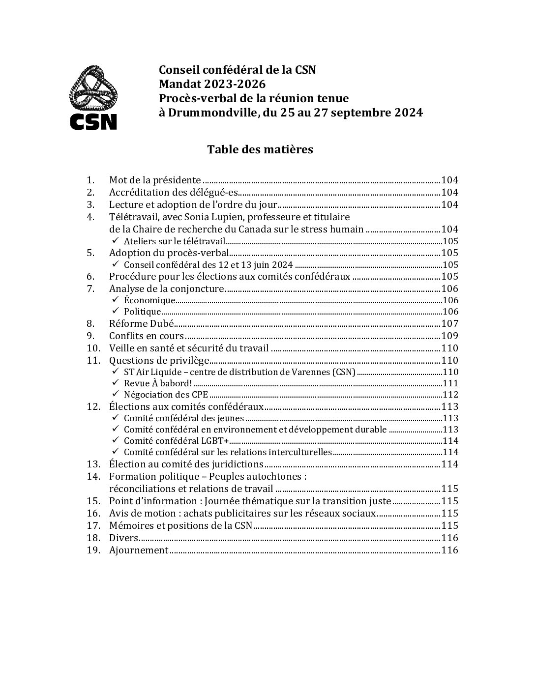 Procès-verbal du conseil confédéral de la CSN tenu à Drummondville du 25 au 27 septembre 2024