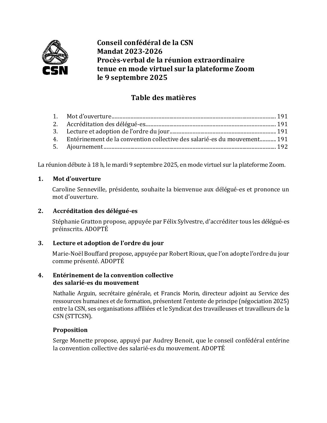 Procès-verbal du conseil confédéral extraordinaire de la CSN tenu sur Zoom le 9 septembre 2025