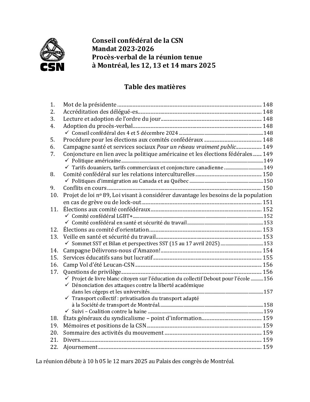 Procès-verbal du conseil confédéral de la CSN tenu à Montréal du 12 au 14 mars 2025