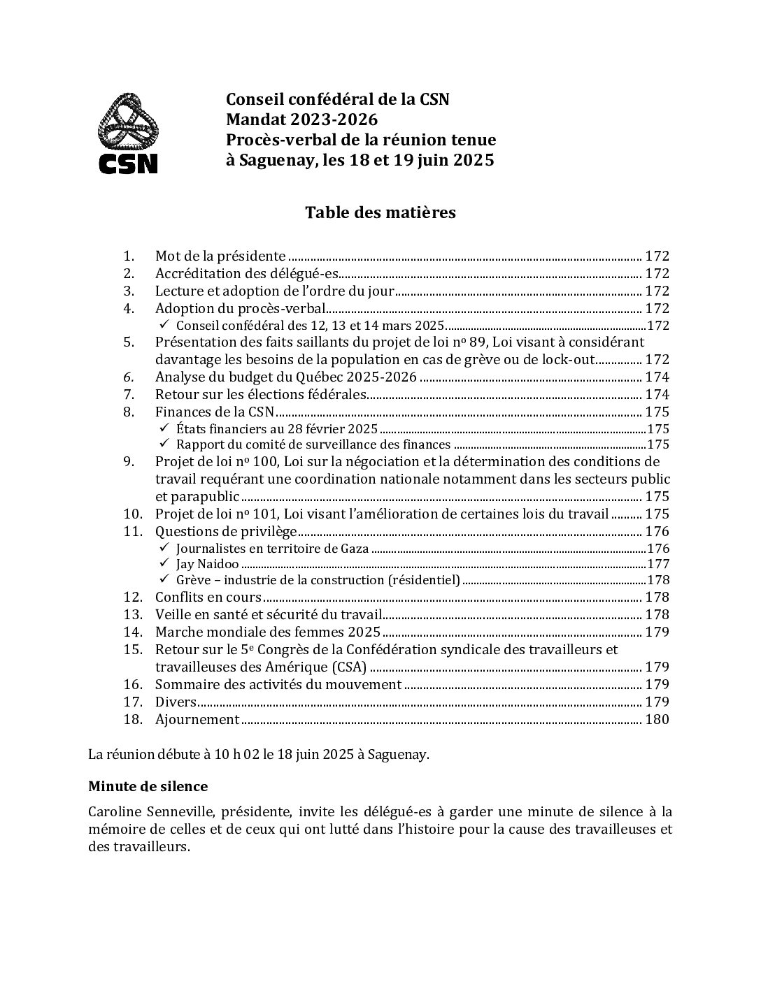 Procès-verbal du conseil confédéral de la CSN tenu à Saguenay les 18 et 19 juin 2025