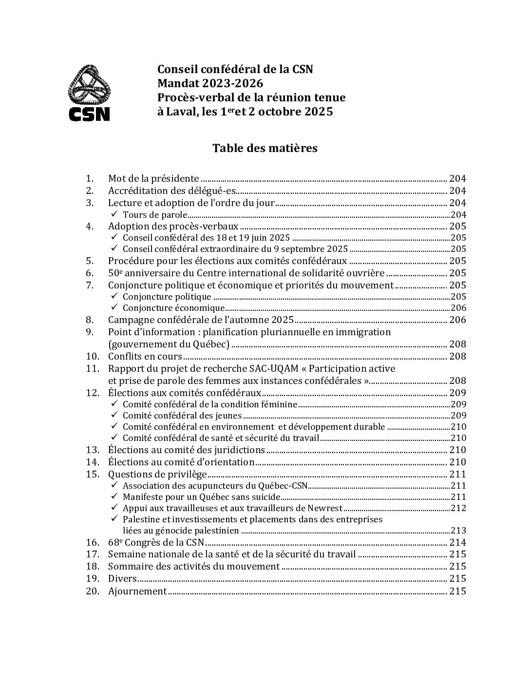 Procès-verbal du conseil confédéral de la CSN tenu à Laval le 1er et 2 octobre 2025